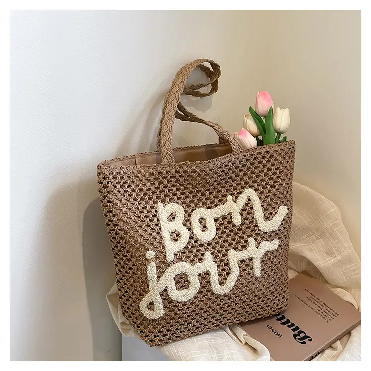 Women Cross Stitch Straw Shoulder Bag with "LOL" Design - Image 3