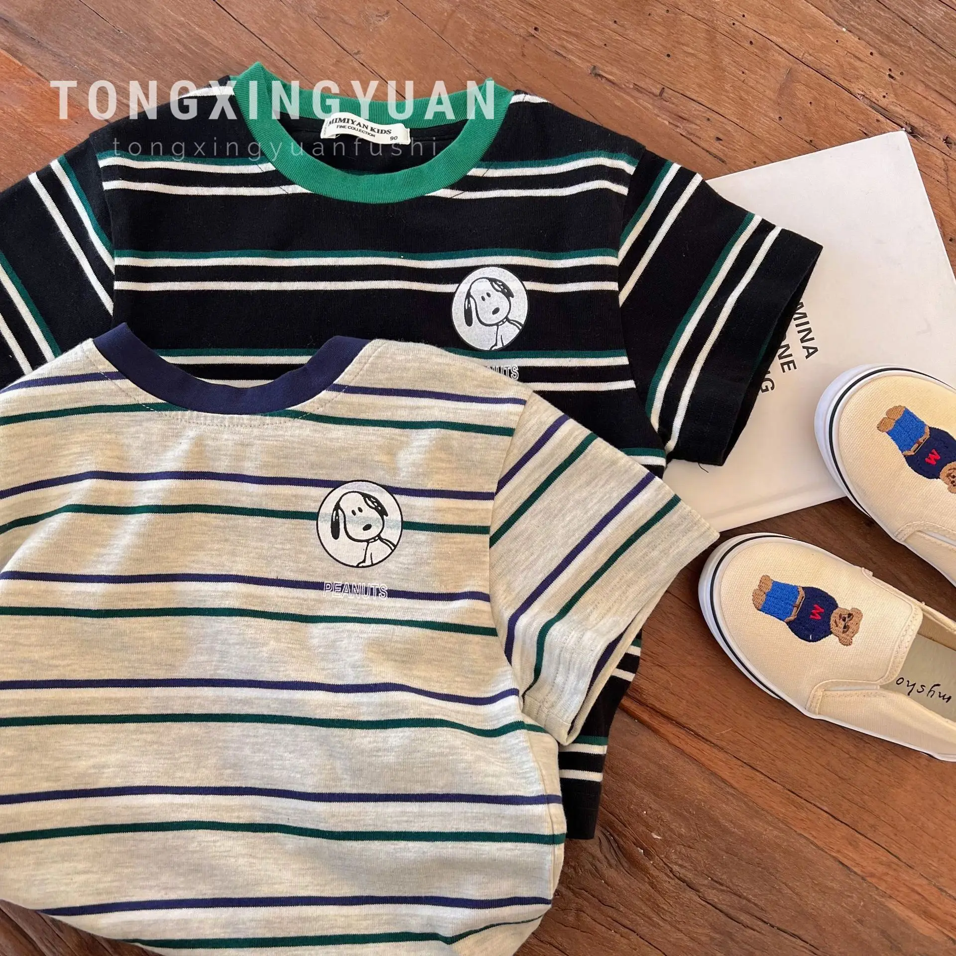 Boys Striped T-Shirt Round Neck Cartoon Puppy Summer Top