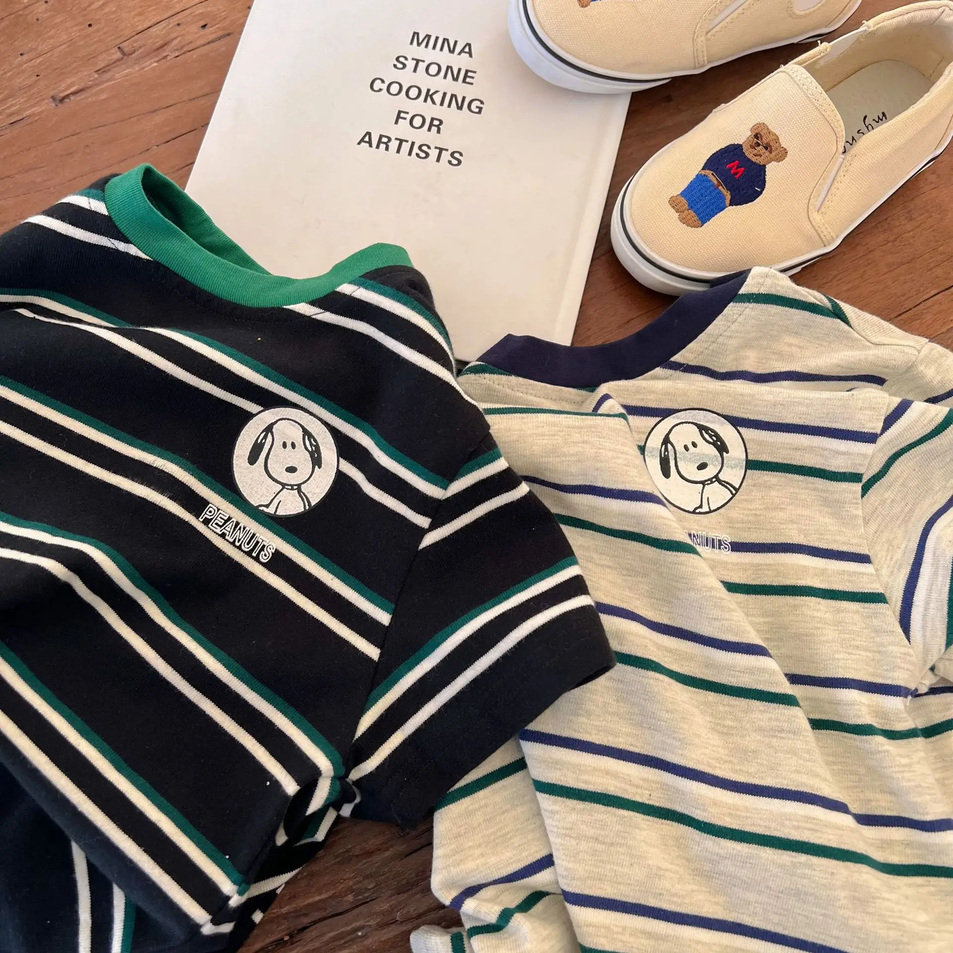 Boys Striped T-Shirt Round Neck Cartoon Puppy Summer Top