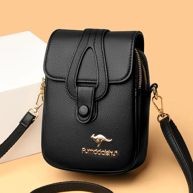 Black Leather Crossbody Bag for Women Mobile Phone Shoulder Bag - Image 7