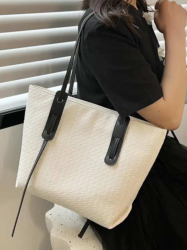 Women Brown Woven Tote Bag Large Capacity Commuter Shoulder Bag - Image 7