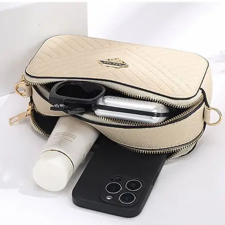 Women's Beige Quilted Crossbody Camera Bag with Strap - Image 8