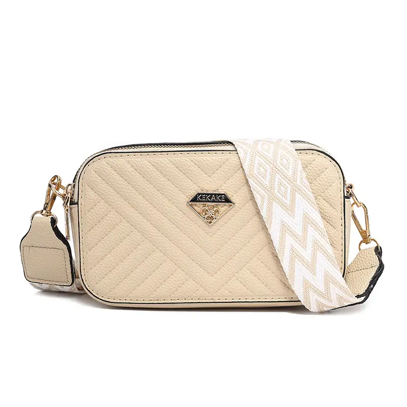 Women's Beige Quilted Crossbody Camera Bag with Strap - Image 11