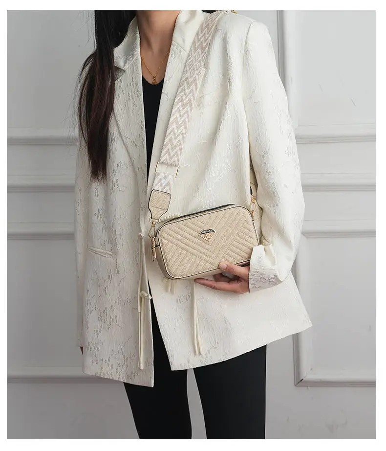 Women's Beige Quilted Crossbody Camera Bag with Strap — feature 13