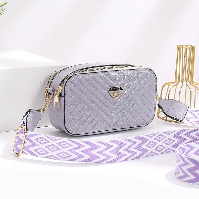 Women's Beige Quilted Crossbody Camera Bag with Strap - Image 3