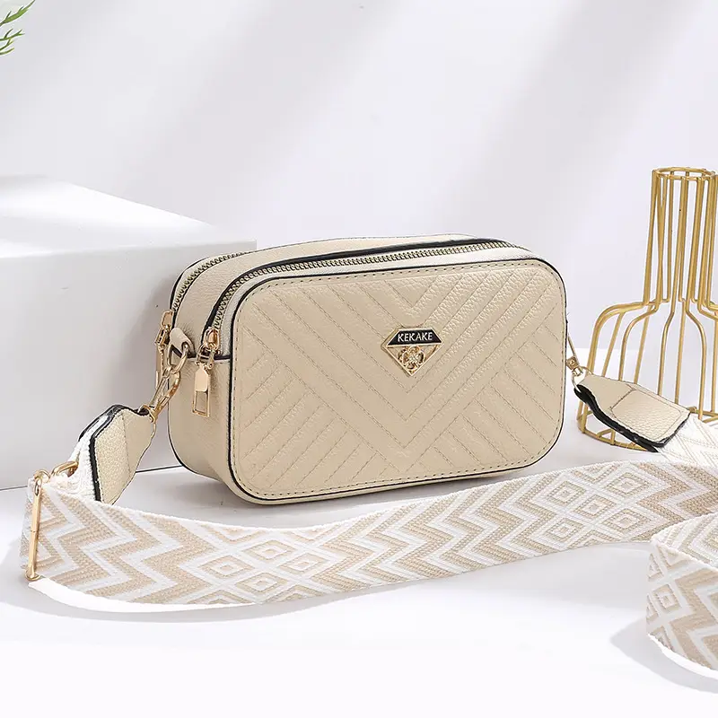 Women's Beige Quilted Crossbody Camera Bag with Strap - Image 4