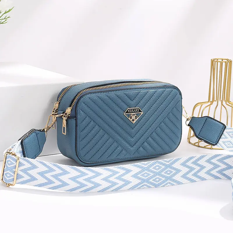 Women's Beige Quilted Crossbody Camera Bag with Strap - Image 5