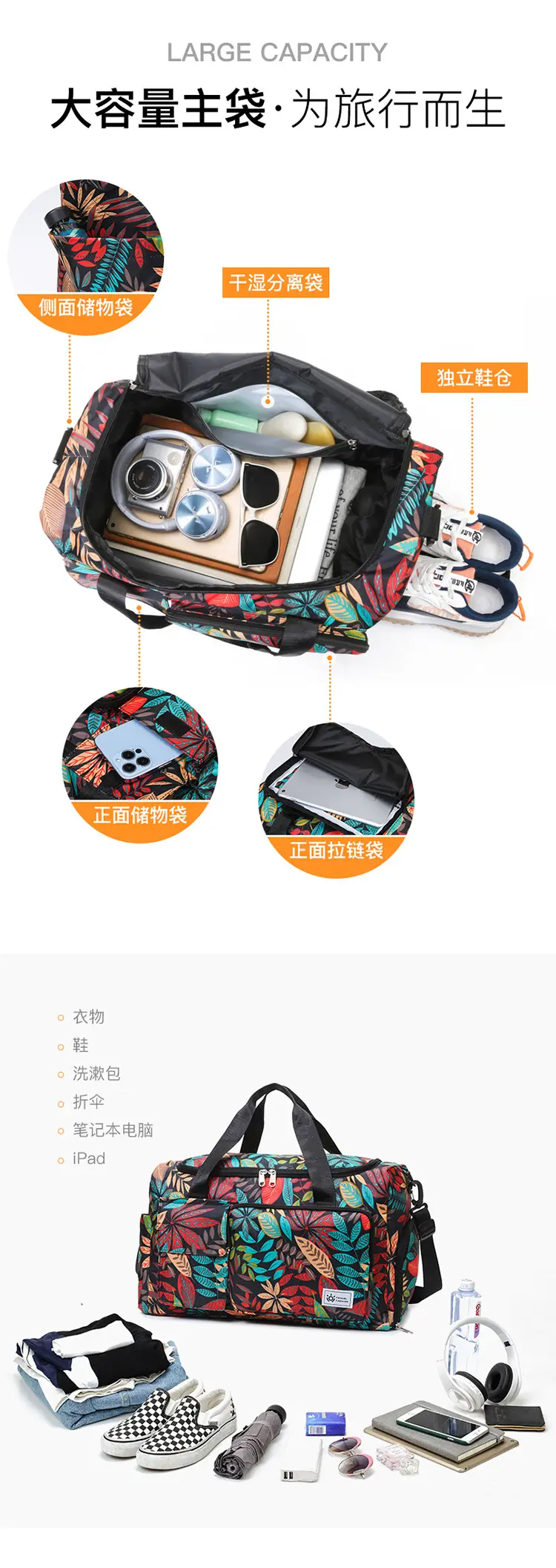 Tropical Print Travel Bag with Leather Handle — feature 10