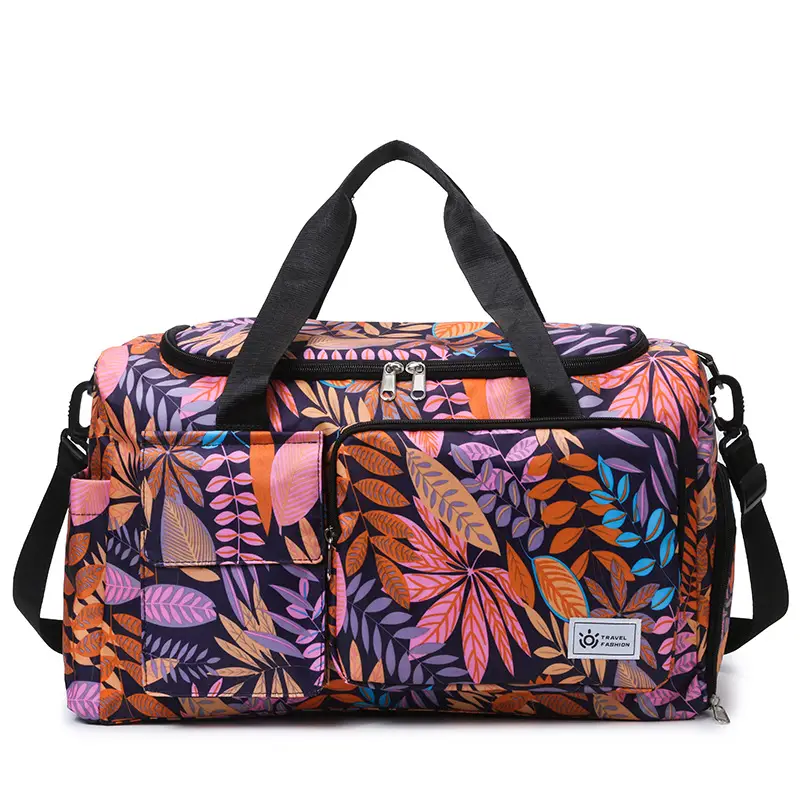 Tropical Print Travel Bag with Leather Handle