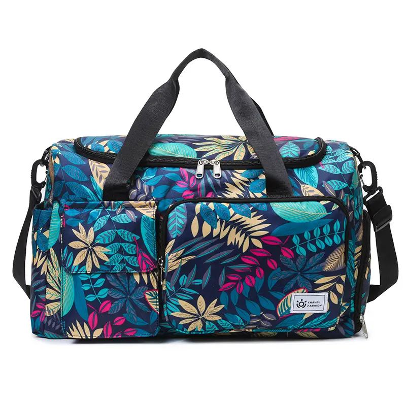 Tropical Print Travel Bag with Leather Handle