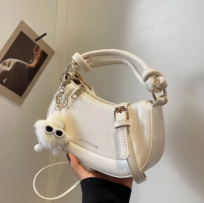 Women's Brown Leather Shoulder Bag with Cute Keychain - Image 5