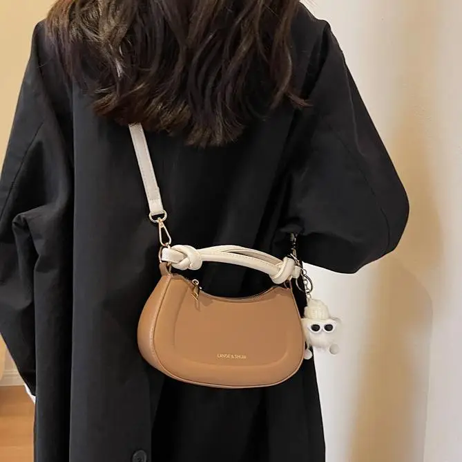 Women's Brown Leather Shoulder Bag with Cute Keychain - Image 6