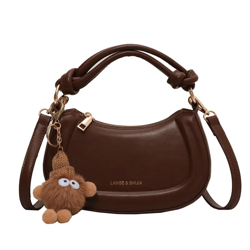 Women's Brown Leather Shoulder Bag with Cute Keychain - Image 8