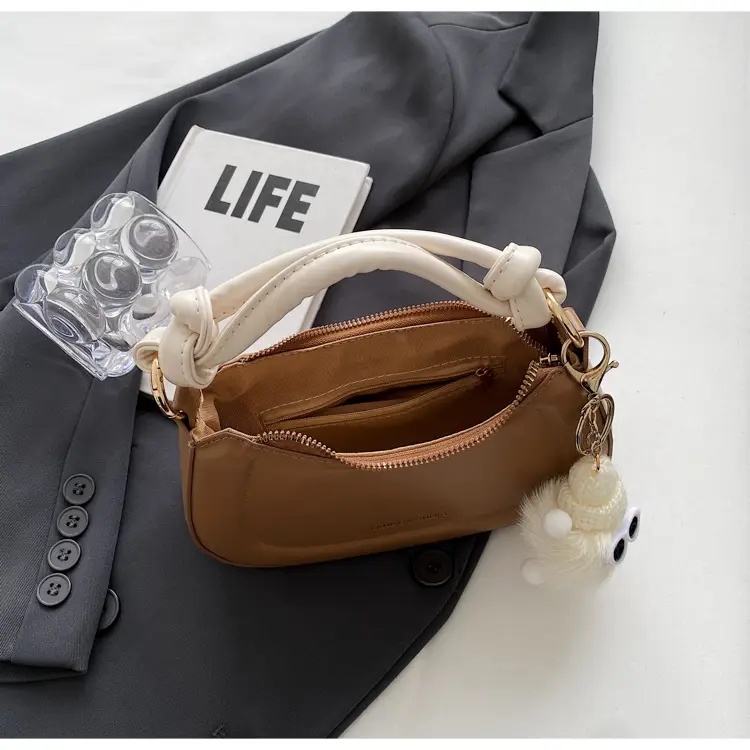 Women's Brown Leather Shoulder Bag with Cute Keychain — feature 11