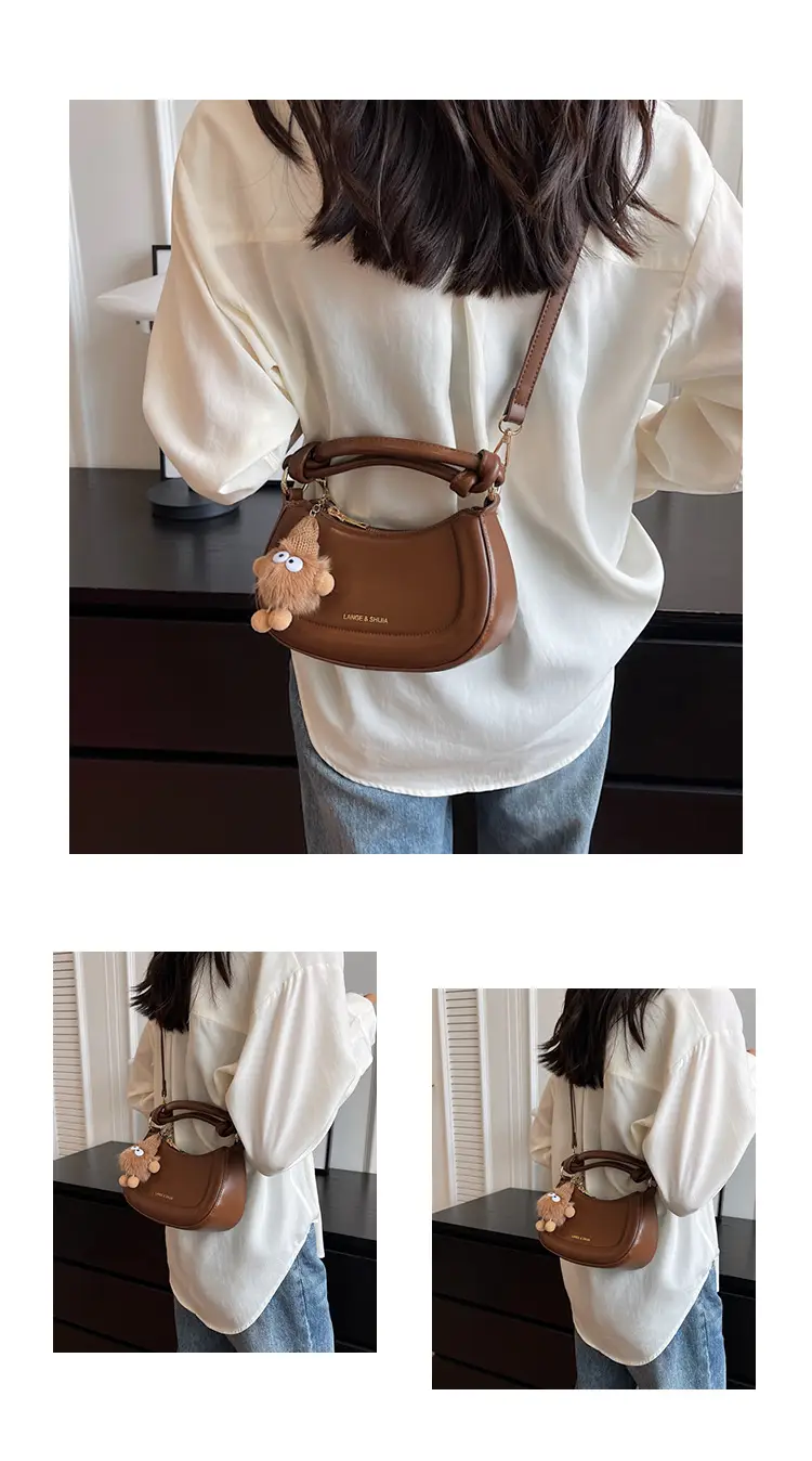 Women's Brown Leather Shoulder Bag with Cute Keychain — feature 13