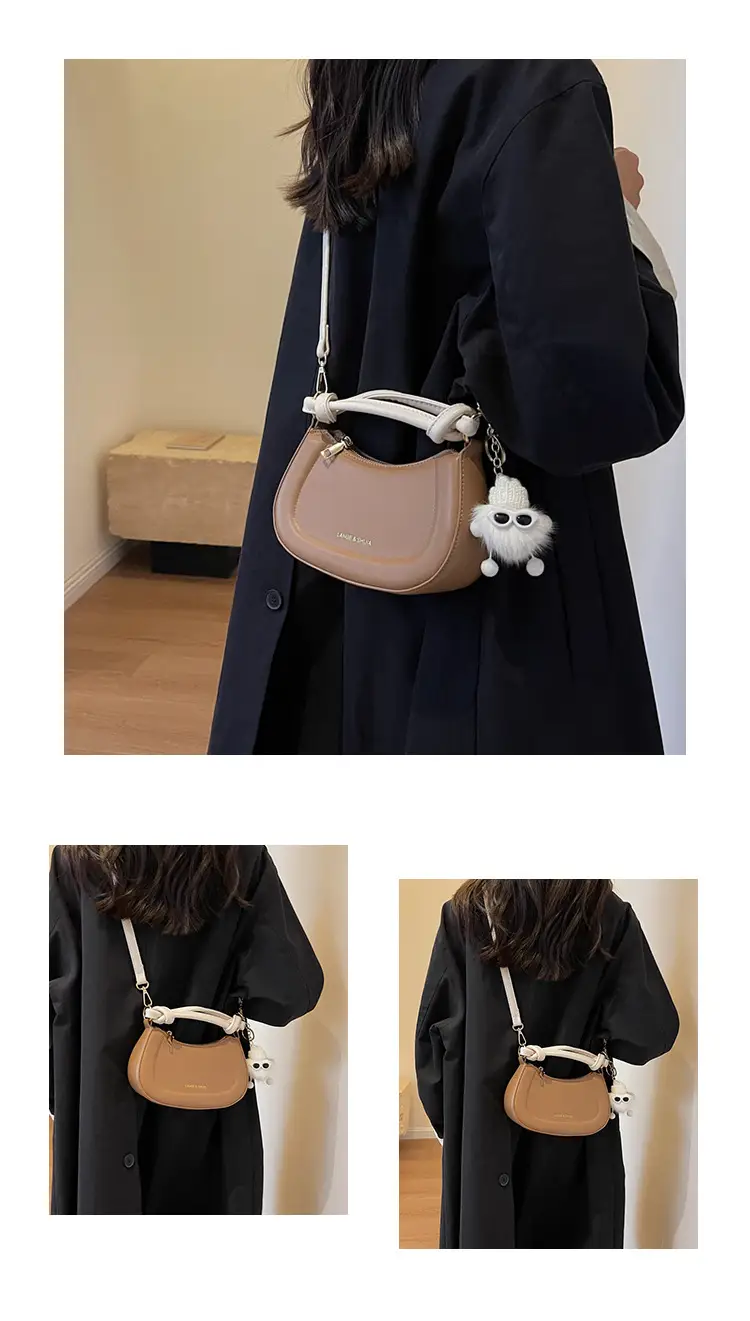 Women's Brown Leather Shoulder Bag with Cute Keychain — feature 15