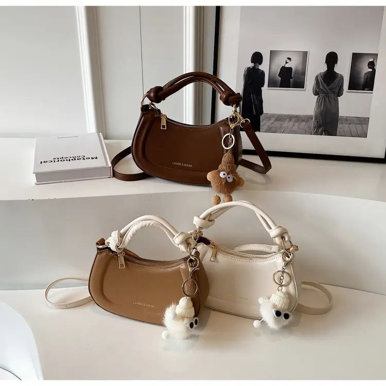 Women's Brown Leather Shoulder Bag with Cute Keychain — feature 16