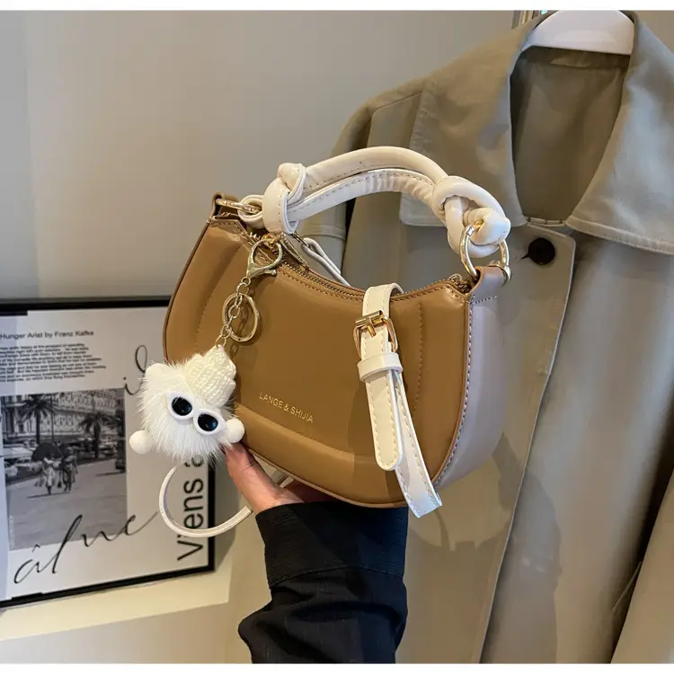 Women's Brown Leather Shoulder Bag with Cute Keychain — feature 19