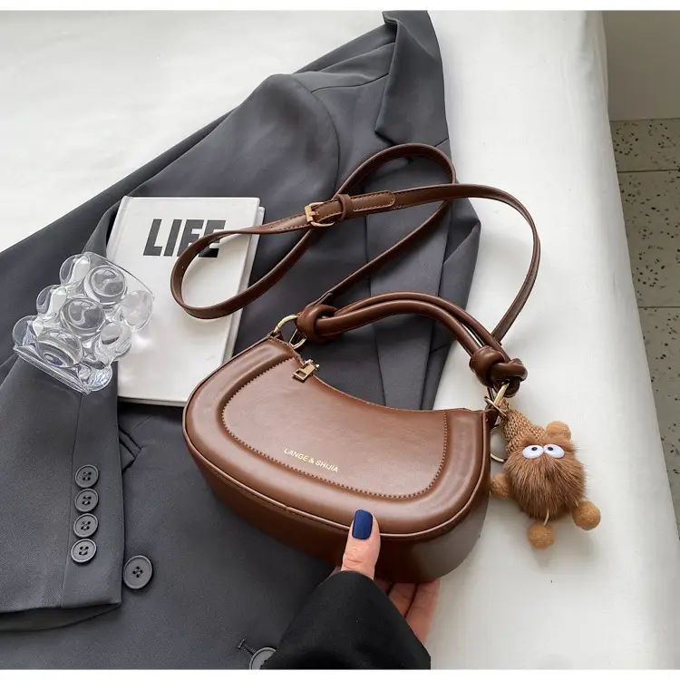 Women's Brown Leather Shoulder Bag with Cute Keychain — feature 21