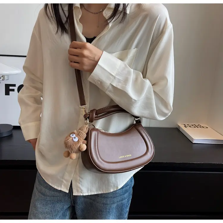Women's Brown Leather Shoulder Bag with Cute Keychain — feature 23