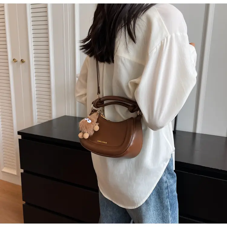 Women's Brown Leather Shoulder Bag with Cute Keychain — feature 24