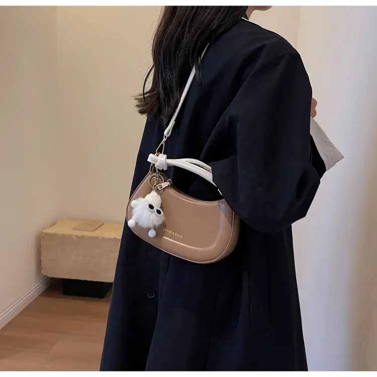 Women's Brown Leather Shoulder Bag with Cute Keychain — feature 26