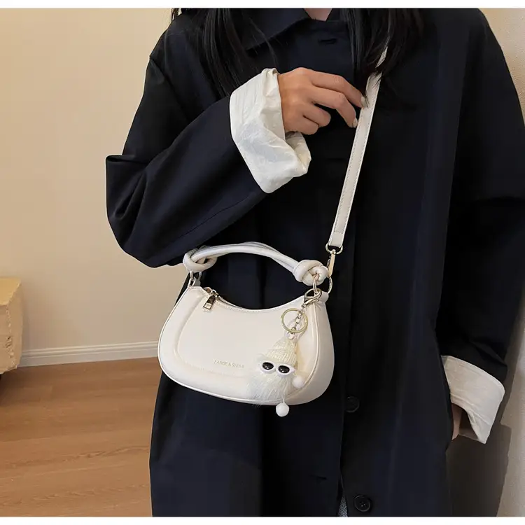 Women's Brown Leather Shoulder Bag with Cute Keychain — feature 27