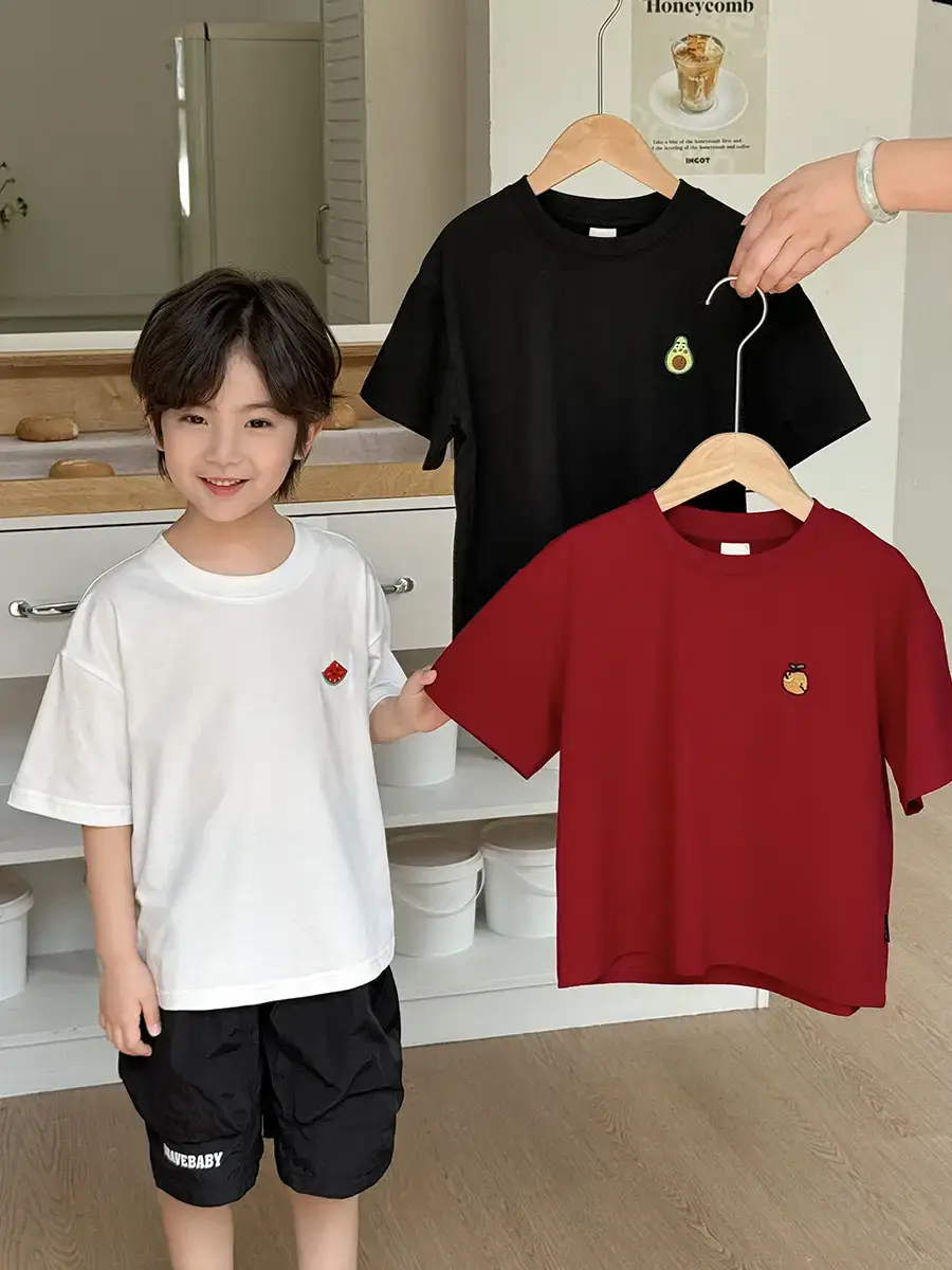 Boys Ice-Cool Cotton T-Shirt Red White Korean Style - Image 5