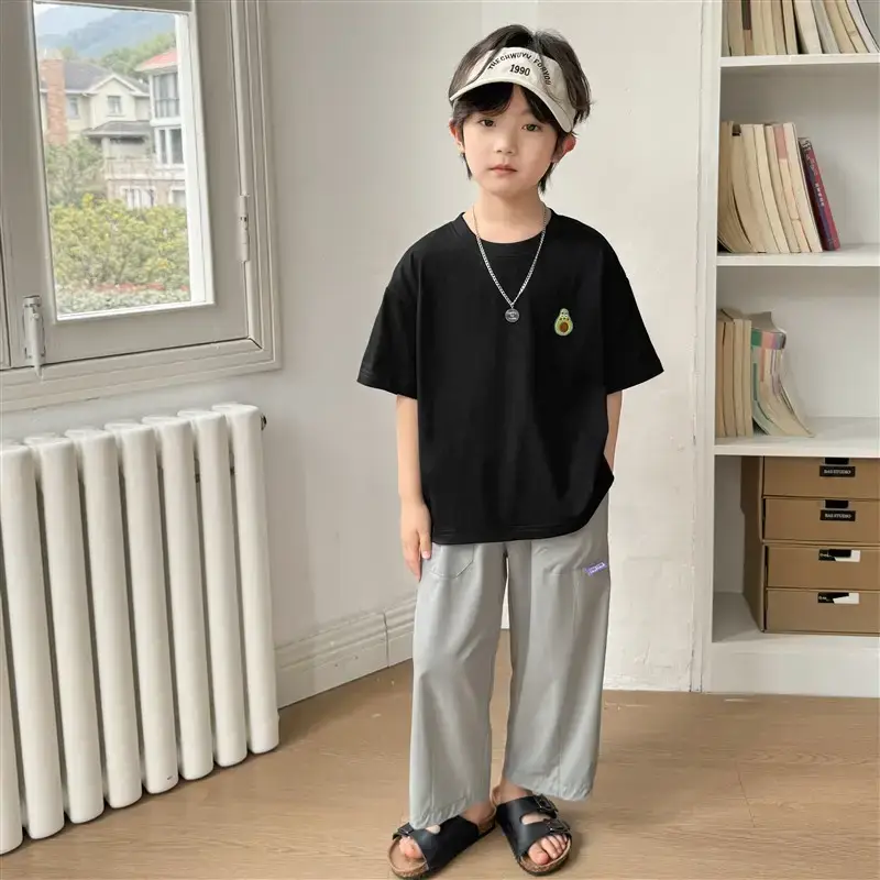 Boys Ice-Cool Cotton T-Shirt Red White Korean Style - Image 3