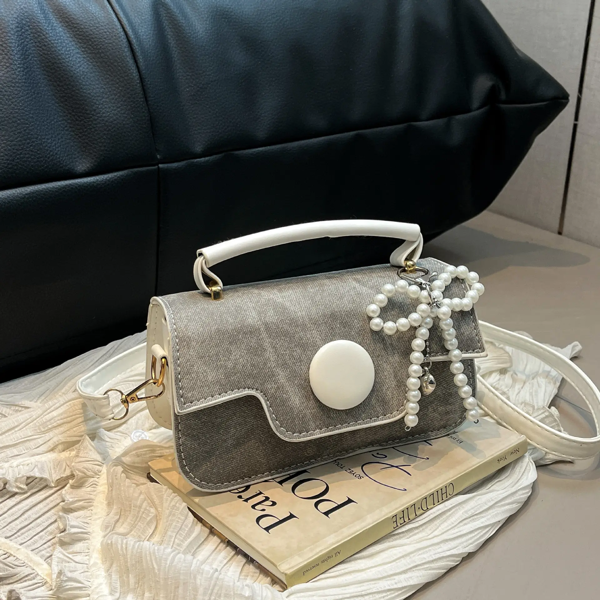 Women's Grey Pearl Chain Shoulder Crossbody Bag - Image 5