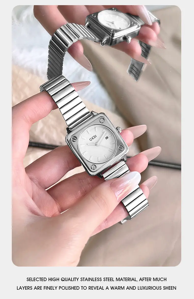Women's Silver Brick Watch with Quartz Steel Band — feature 5