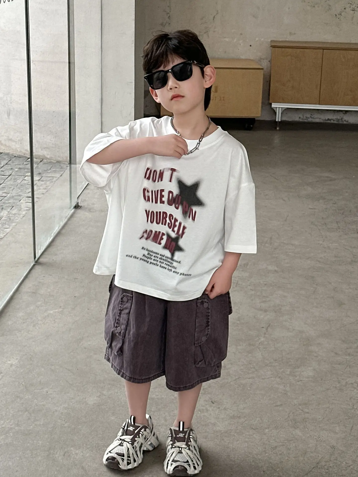Boys Cotton Printed T-Shirt Shorts Set White - Image 2