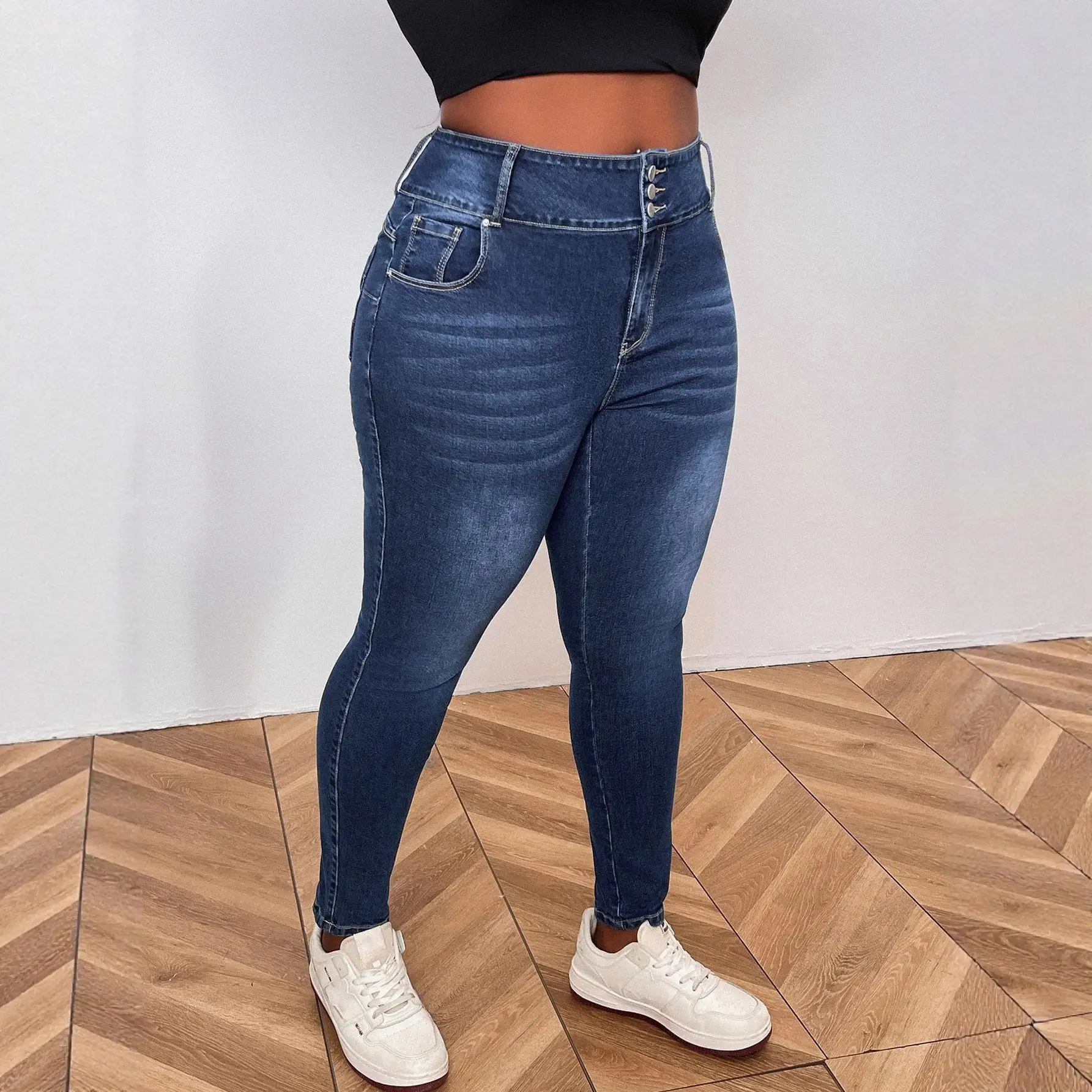 Plus Size High Waist Elastic Slimming Jeans Dark Blue