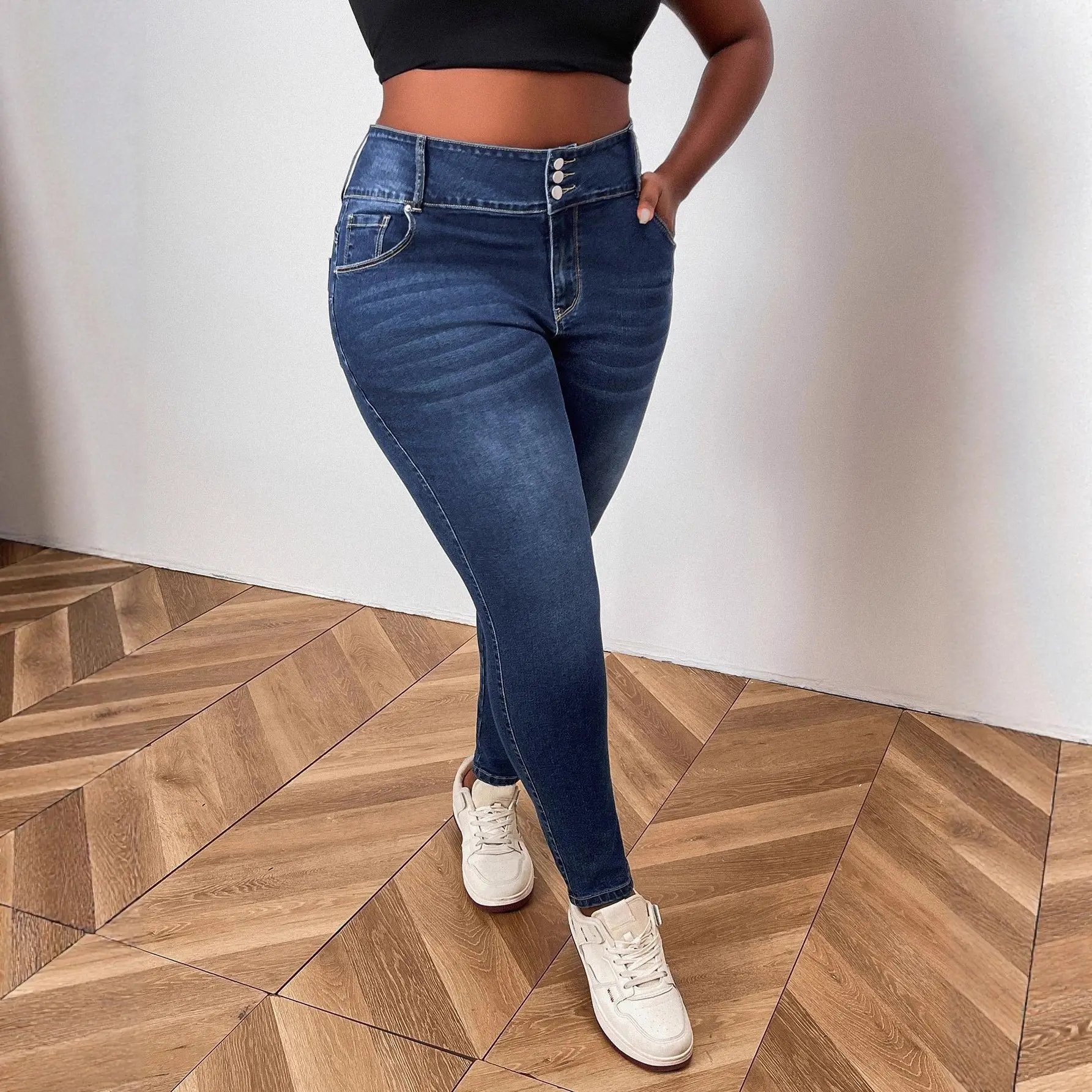 Plus Size High Waist Elastic Slimming Jeans Dark Blue