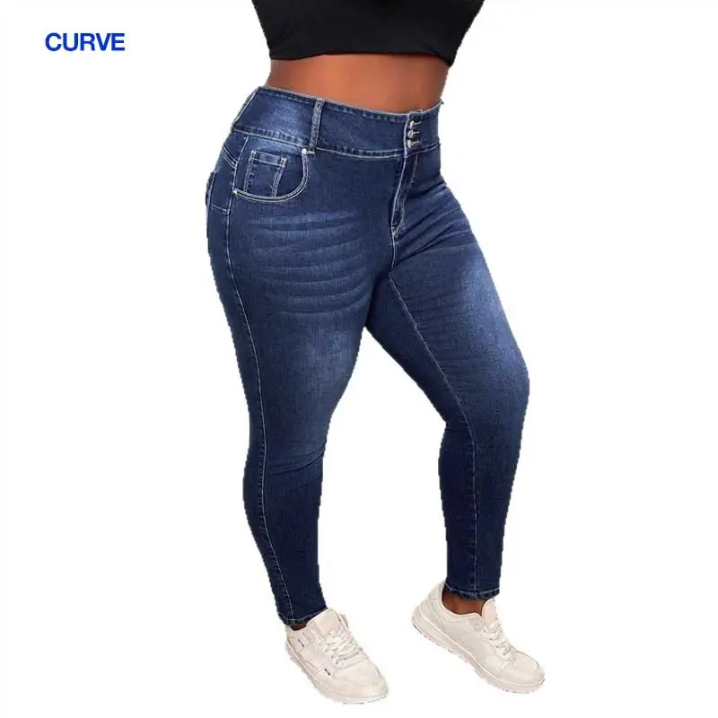 Plus Size High Waist Elastic Slimming Jeans Dark Blue