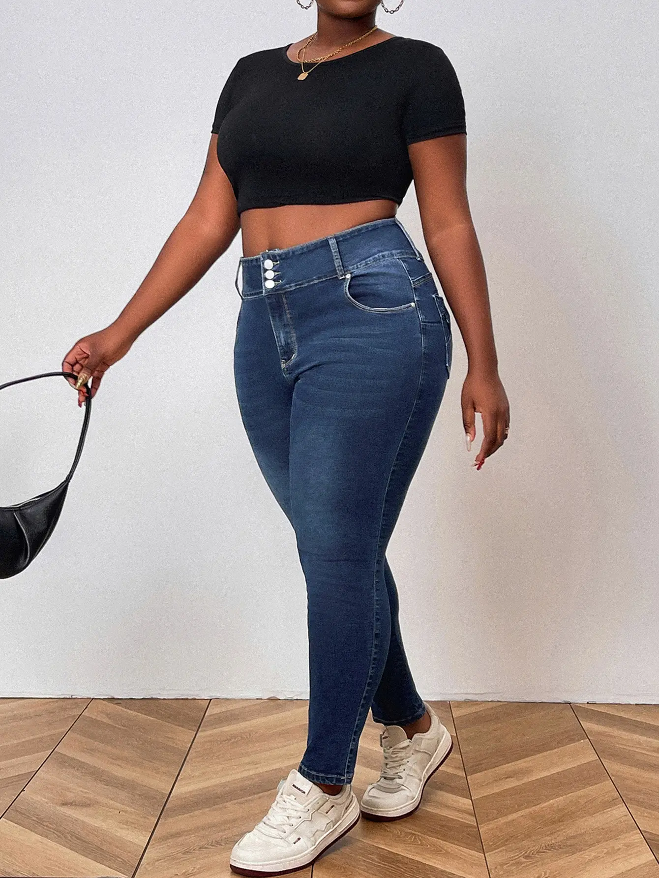 Plus Size High Waist Elastic Slimming Jeans Dark Blue — feature 11