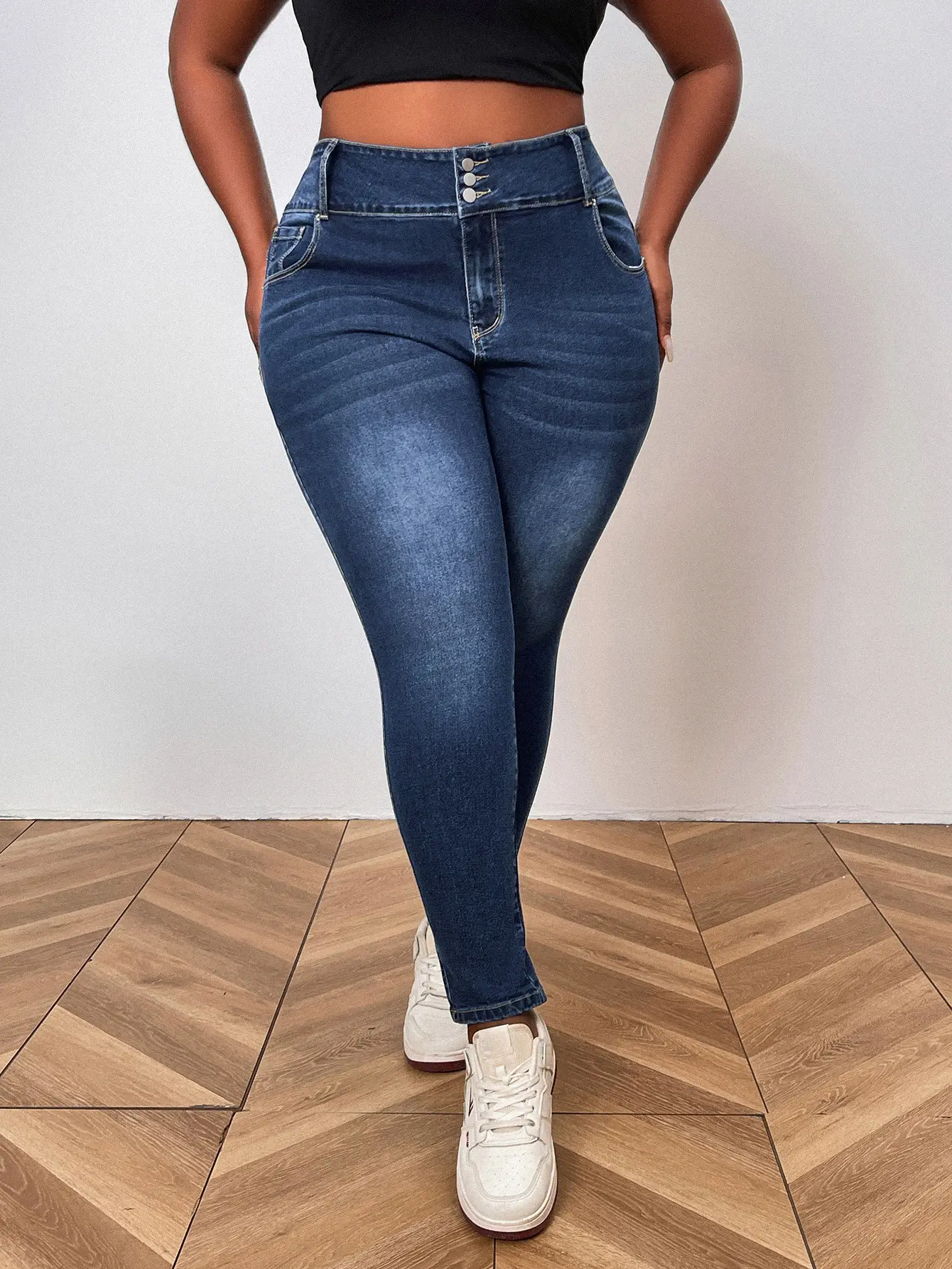 Plus Size High Waist Elastic Slimming Jeans Dark Blue — feature 6