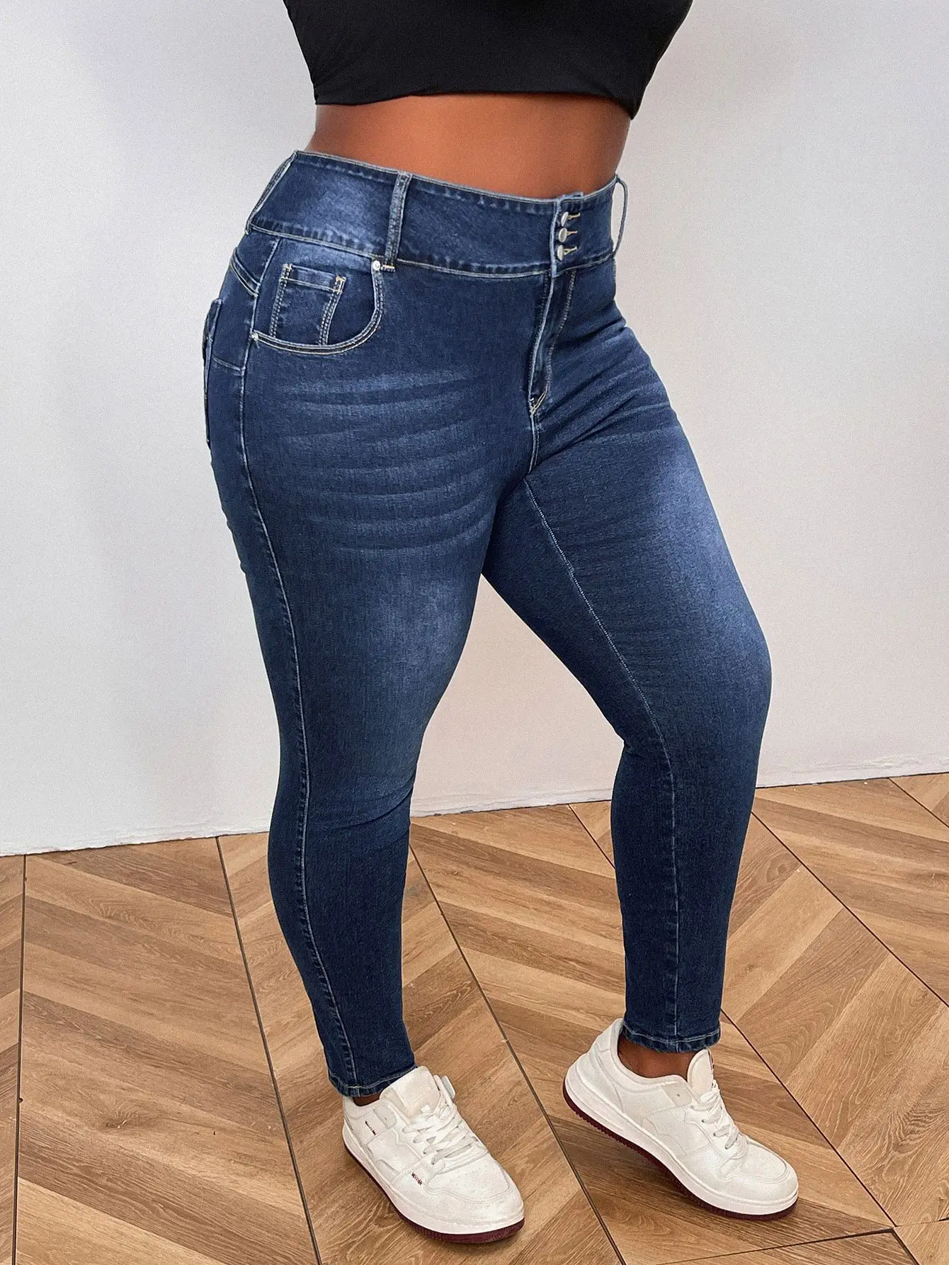 Plus Size High Waist Elastic Slimming Jeans Dark Blue — feature 8