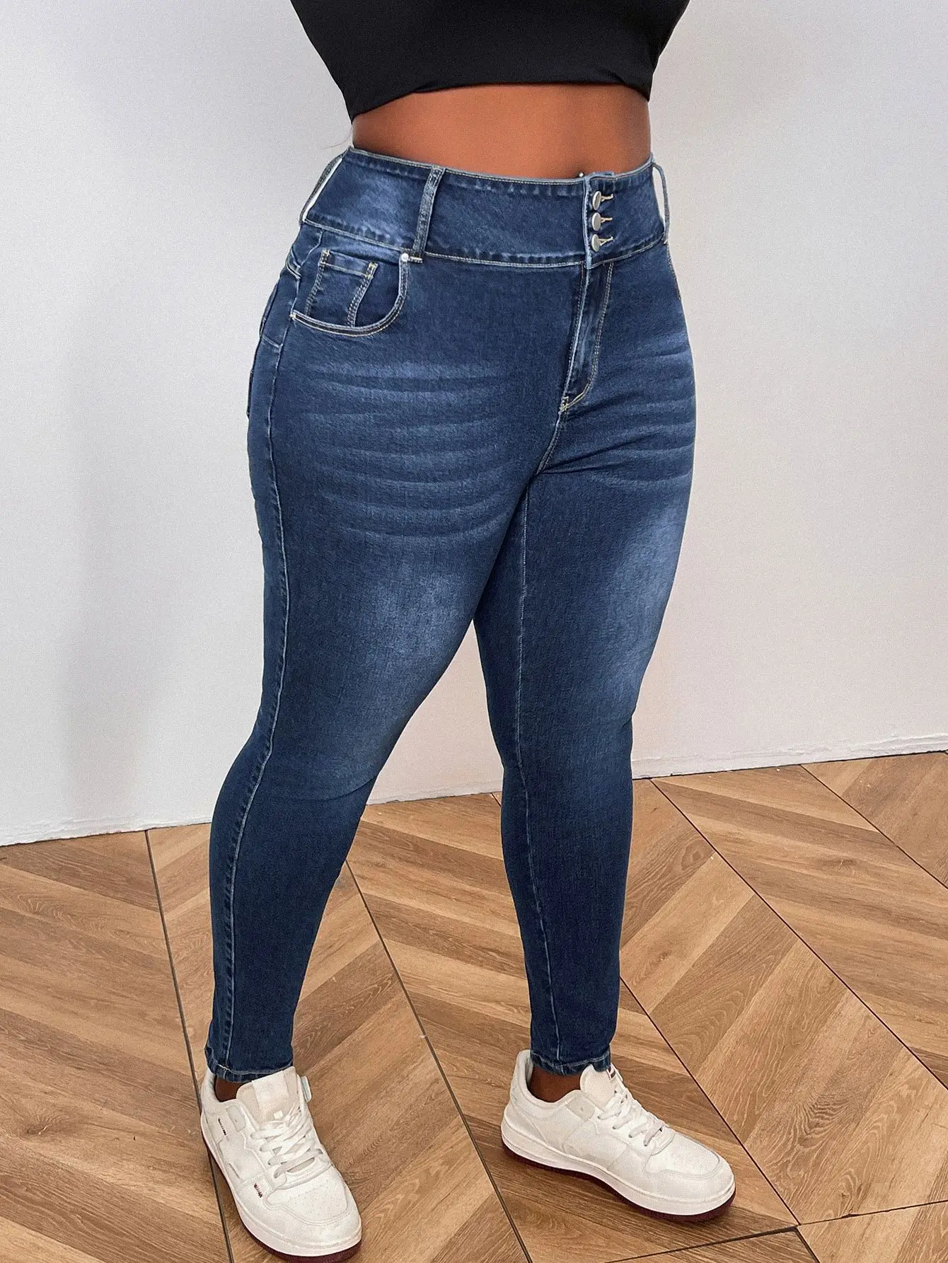 Plus Size High Waist Elastic Slimming Jeans Dark Blue — feature 9