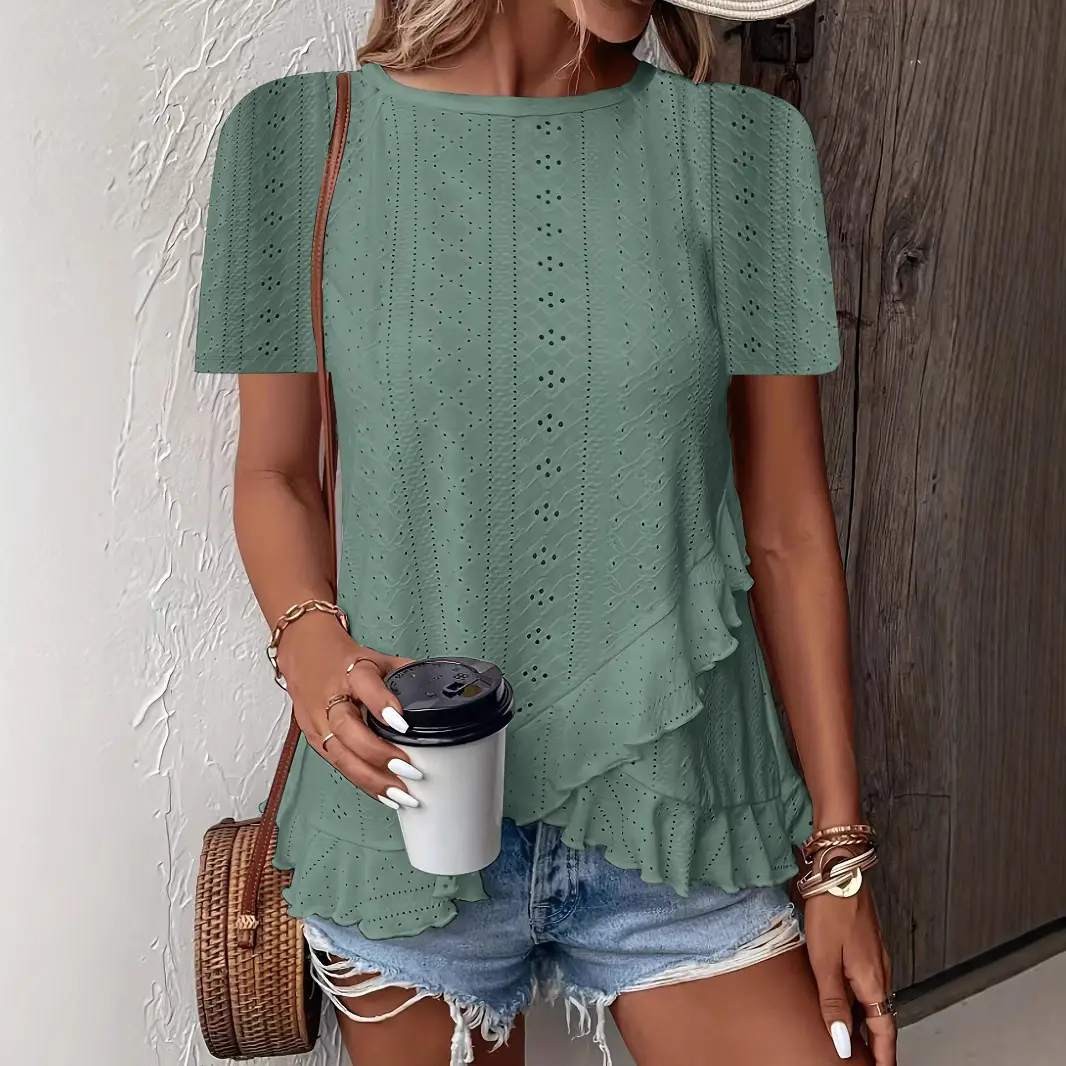 Women's 2025 Green Embroidered T-Shirt Short Sleeve Round Neck - Image 13