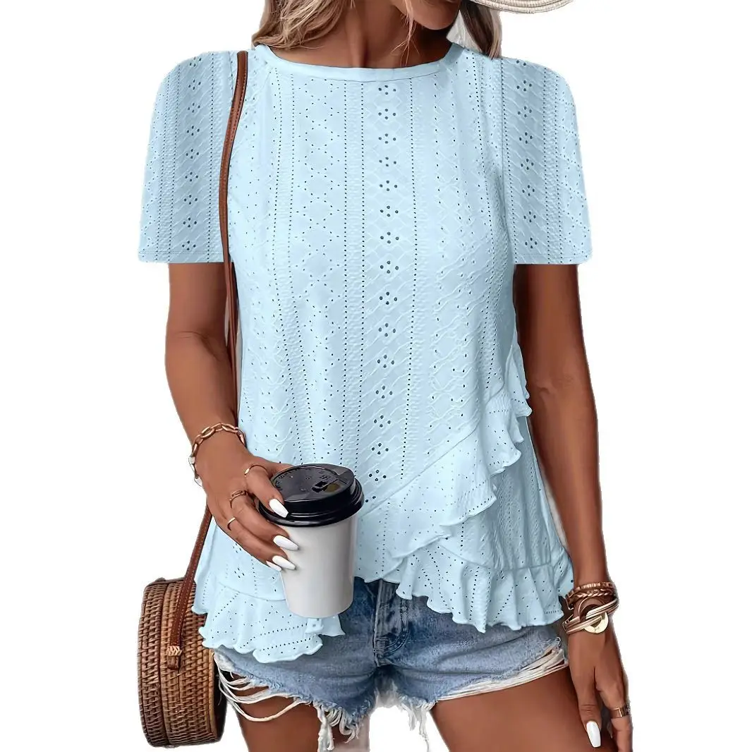 Women's 2025 Green Embroidered T-Shirt Short Sleeve Round Neck - Image 15