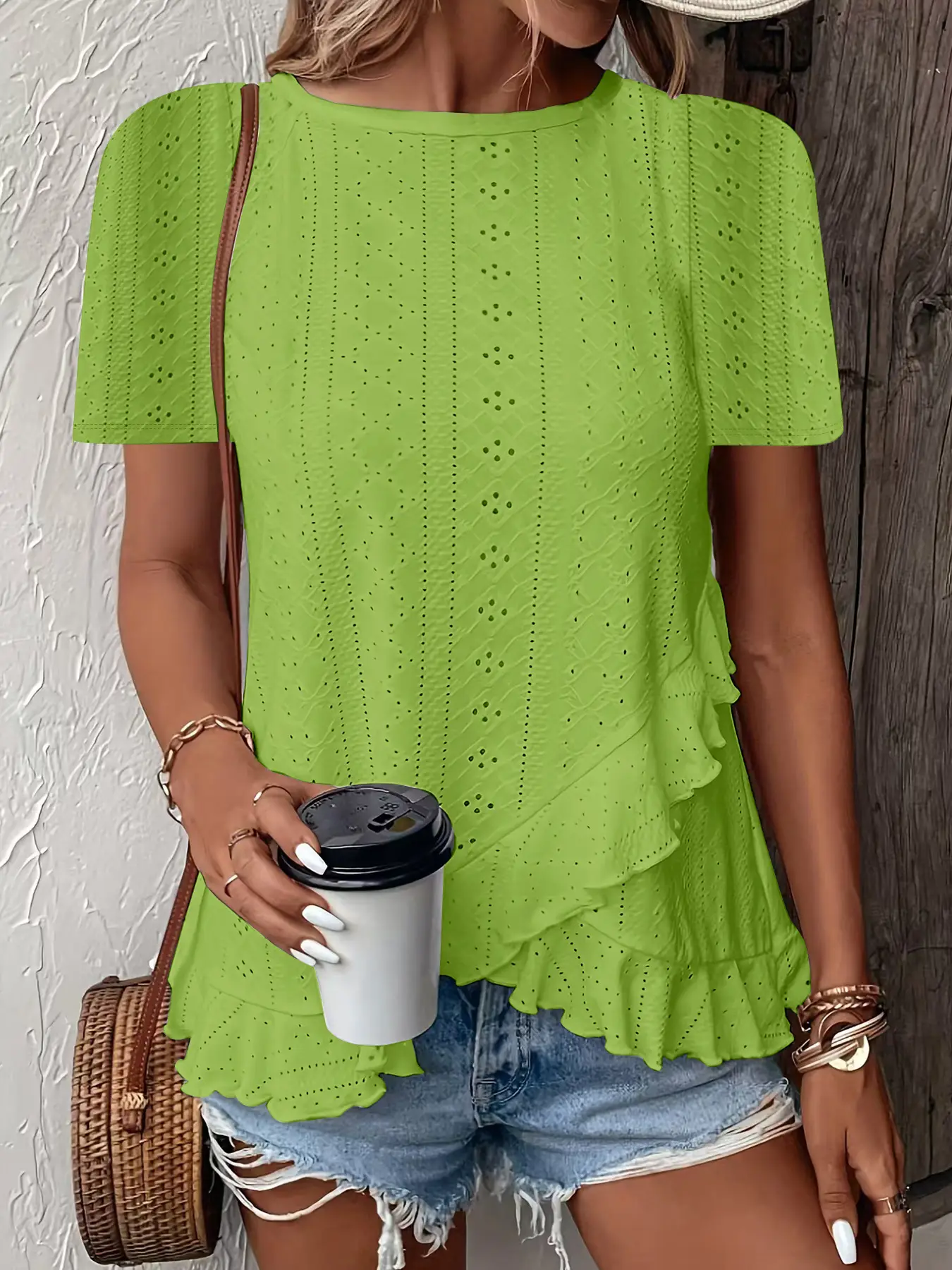 Women's 2025 Green Embroidered T-Shirt Short Sleeve Round Neck - Image 10