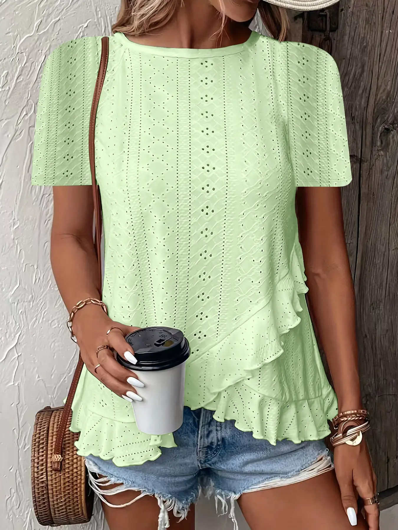 Women's 2025 Green Embroidered T-Shirt Short Sleeve Round Neck - Image 7