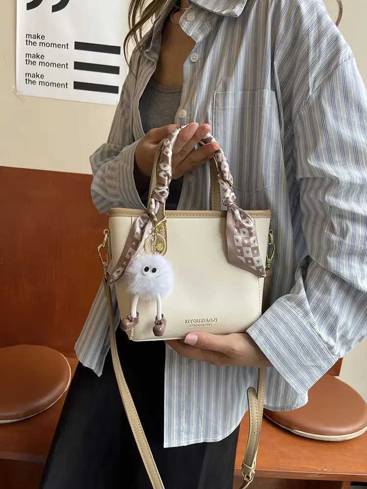 Women Black Contrasting Pom Pom Shoulder Bag - Image 8