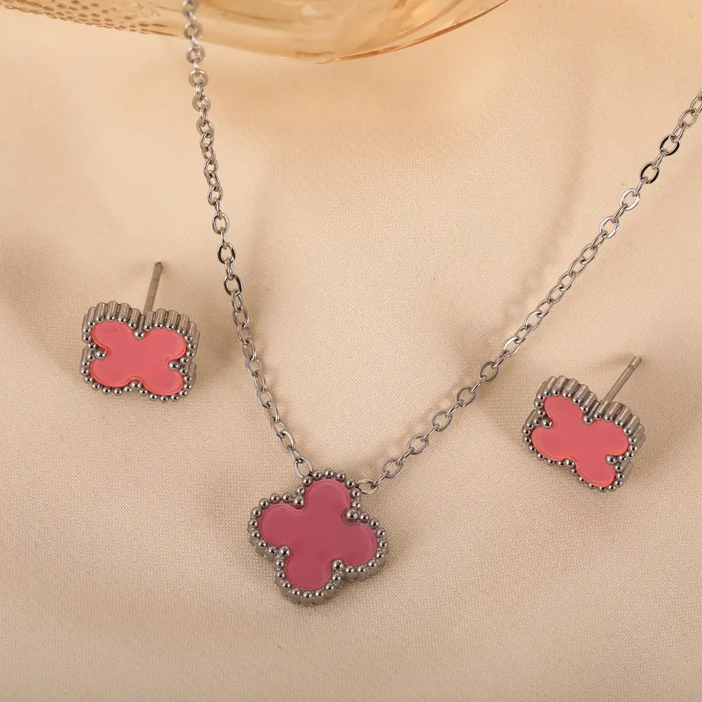 Stainless Steel Four-Leaf Clover Necklace Set