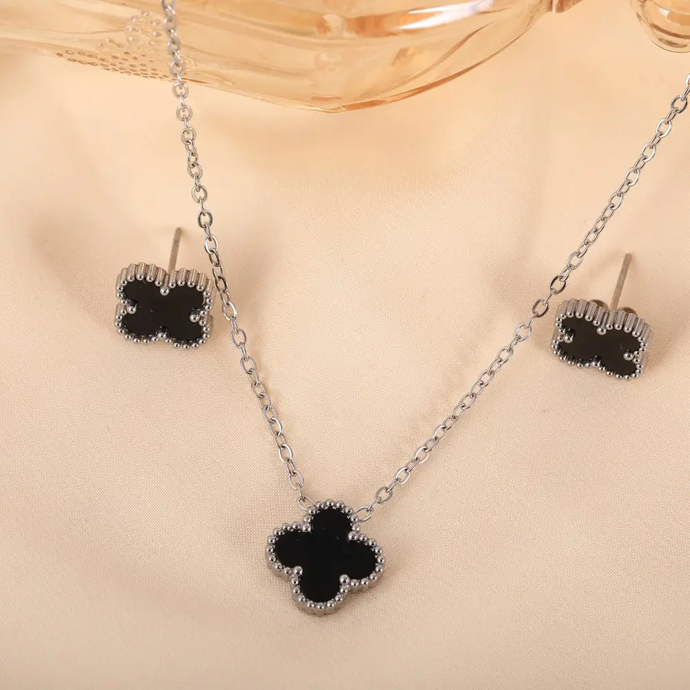 Stainless Steel Four-Leaf Clover Necklace Set
