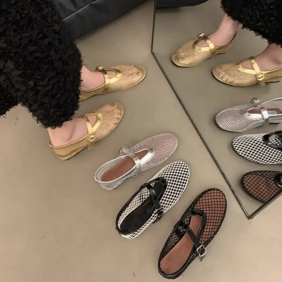 Round-toe Mesh Buckle Ballet Shoes Women's Ins Full Flash Flat Hollow Mary Jane Sandals Fishnet Shoes - Image 9