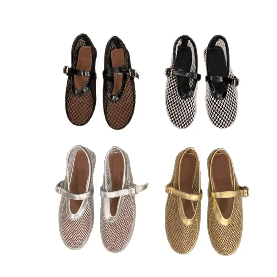 Round-toe Mesh Buckle Ballet Shoes Women's Ins Full Flash Flat Hollow Mary Jane Sandals Fishnet Shoes - Image 10