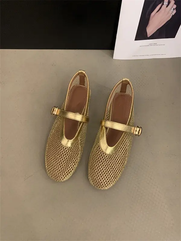 Round-toe Mesh Buckle Ballet Shoes Women's Ins Full Flash Flat Hollow Mary Jane Sandals Fishnet Shoes - Image 2