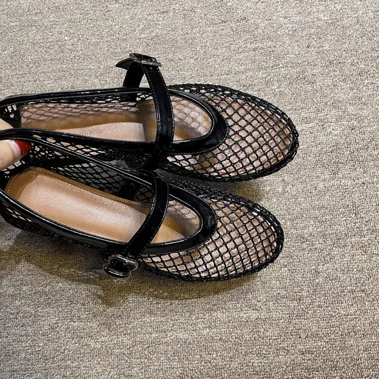 Round-toe Mesh Buckle Ballet Shoes Women's Ins Full Flash Flat Hollow Mary Jane Sandals Fishnet Shoes - Image 3